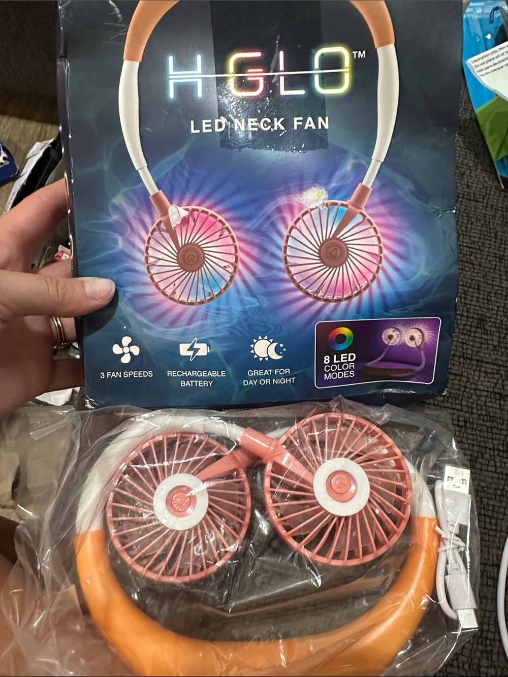 HGLO LED Neck Fan in Orange and White 8 led color modes